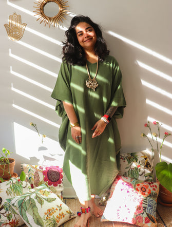 'Zikr' Handloom Cotton Kaftan Dress in Vintage Green