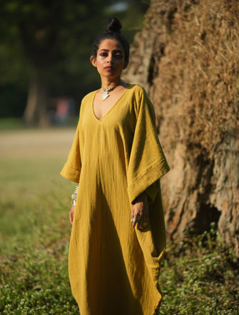 'Zikr' Handloom Cotton Kaftan Dress in Yellow