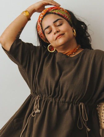 'Samah' Handloom Cotton Boho Dress (Olive Brown)